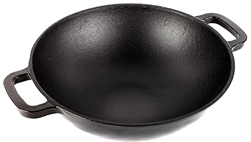 MGF Ferro - Wok Negro de 30cm, Hierro Fundido, Óptima Retención, Reparto del Calor, Para Todo Tipo de Cocinas, Inducción, Libre de PFOA-PTFE