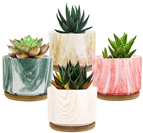 Lewondr Succulent Plant Pots, 4 Pack 3.5 Inch Ceramic Mini Succulent Small Flower Pots Marble Texture Planter Container with Bamboo Tray for Cactus Herbs Home Office Colorful