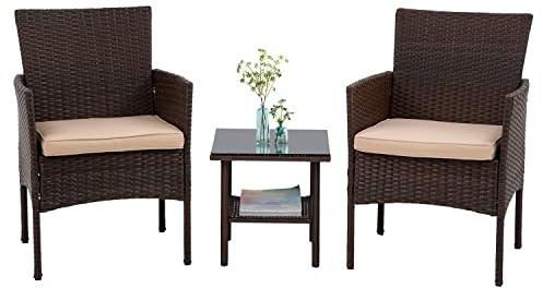 PayLessHere 3 Piece Furniture Patio Chairs Wicker Outdoor Rattan Conversation Bistro Set for Backyard Porch Poolside Lawn (Brown)