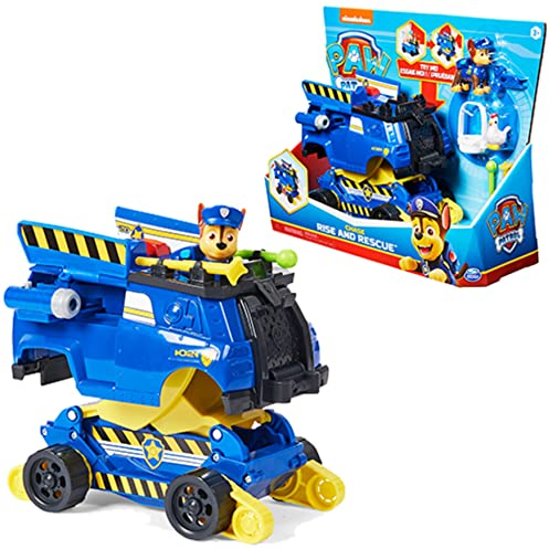 PAW PATROL, 10. Jubiläum, Chases Rise and Rescue verwandelbares Spielzeugauto mit Actionfiguren und Zubehör, ab 3 Jahren, Polizeifahrzeug