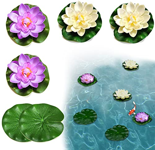 SwirlColor Lotus Flower Lotus Leaves set 6pcs, Artificial Water Lilies Floating Foam Foliage for Aquarium Pond Decoration