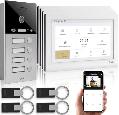GVS IP Video Türsprechanlage mit Türöffner & RFID - 4x10 Monitor & App | Smarte Video Türklingel mit Kamera und Monitor & App - Gegensprechanlage mit Türöffner für 4 Familienhaus (AVS5427U)