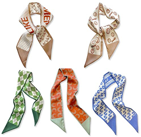 LumiSyne 5 Stück Seidenschal Damen Mädchen Skinny Schal Blume Gedruckt Geometrisch Karierte Muster Frischer Süßer Stil Satin Krawatte Schal Schmaler Lange Halstuch Kopfschmuck Griff Wrap Ribbon