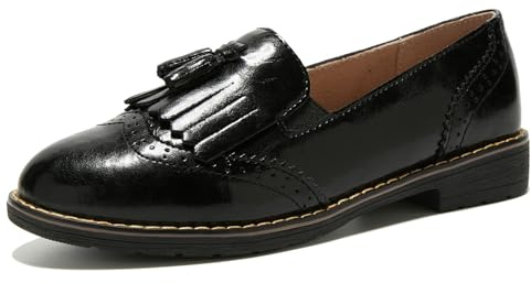 TRULAND Mocasines de Cuero para Mujer, Mocasines Oxford con borlas, cómodos, Casuales, Elegantes, para Trabajo de Oficina, Todo Negro, 40 EU