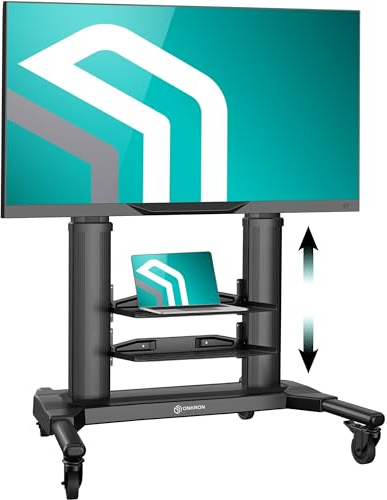 ONKRON TV Ständer rollbar für 40-80 Zoll Fernseher, max Tragkraft 65.5 kg, TV Rollwagen höhenverstellbar mit Ablagen, max VESA 700x400 Wagen, Fernsehständer mit Rollen Aluminium Schwarz TS2771-B