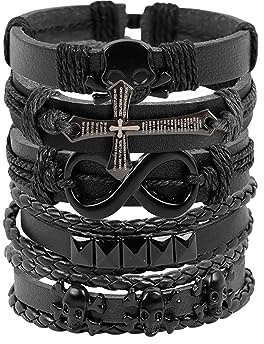 MILAKOO 5 Stück Herren Lederarmband Punk Goth Kunstleder Nieten Unendlichkeit Armbänder Schwarz Männer Geflochtens Armband