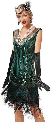 Viloree Robe à Paillettes pour Femme - Style années 20 - Col Rond inspiré par Great Gatsby Vert (50) M