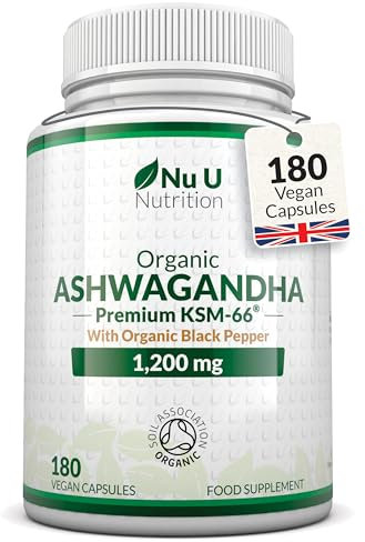 Organic Ashwagandha KSM-66® 1200mg - 5% Withanolides - 180 Vegan Capsules not Tablets - High Strength Ashwaganda Enhanced with Black Pepper - Soil Association Certified - Nu U Nutrition