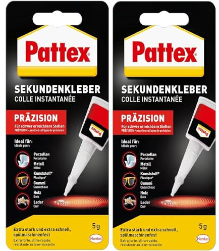 Pattex Sekundenkleber Präzision 2 x 5 g Tube Superkleber, punktgenaues Kleben ohne Nachtropfen, schnelltrocknend, spülmaschinenfester Flüssigkleber