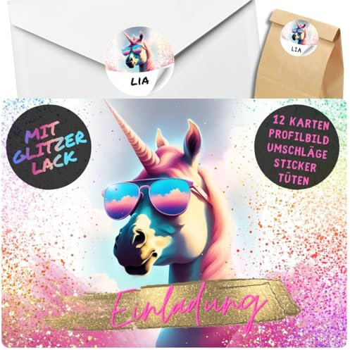 celebr8te 12x Party Einhorn Glitzer Einladungskarten - Für den Kindergeburtstag von Mädchen - coole Einhorn Geburtstagseinladungen +12 Umschläge +24 Sticker +12 Geschenktüten