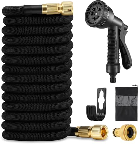 Flexibler Gartenschlauch, LEUTED Flexibel Wasserschlauch Dehnbarer mit 8 Sprühfunktionen, Garden Hose mit Schnelladaptern und Wandhalterung für Garten, Haustier, Autowäsche, Schwarz(7,5m)