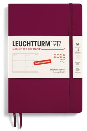 LEUCHTTURM1917 370565 Wochenkalender Medium (A5) 2025, Softcover, Port Red, Deutsch