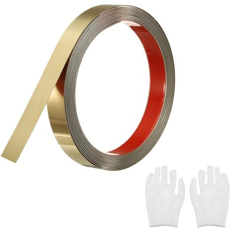 QUARKZMAN Baguette de Moulure Murale Auto-Adhésive en Acier Inoxydable, Finition Dorée Brossée à Coller, avec Gants, Moulure Décorative pour Miroir Mural, 0,78 x 16,4 Pieds