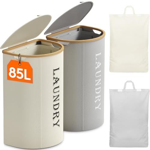 Lifewit 2er-Set 170L Wäschekorb mit Deckel, Weiß und Silbergrau | Zwei faltbare Wäschesammler mit je einem herausnehmbaren Wäschesack und Griffen, Wäscheboxen zum Sortieren