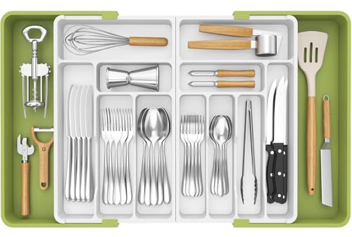 Lifewit Extra Large Cutlery Drawer Organsier, Extendable Utensil Tray for Kitchen, Silverware and Flatware Holder, Compact Plastic Storage for Spoons Forks Knives, 54-91x43cm, 13 Section, Green&White