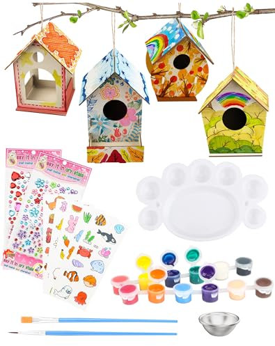 TUT Vogelhaus Bausatz Kinder, 4 Stück Vogelhaus zum Bemalen, Vogelfutter zum Selber Bauen, Kunst Handwerk für Mädchen Jungen