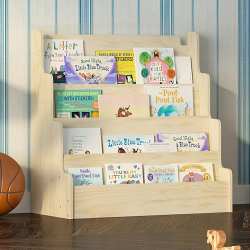 KEEPREAPER Kinder Bücherregal aus Holz, Montessori Kinderregal mit 4 Ablagen, für Kinderzimmer Spielzimmer, 80x38x80cm (Natur)