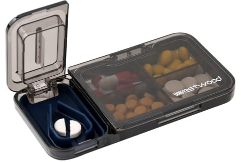 Tablettenteiler，tablettenteiler für alle tabletten,Tragbarer Tablet-Cutter mit Aufbewahrungsfach und scharfen Klingen，Bequem zu tragen. (Grau)