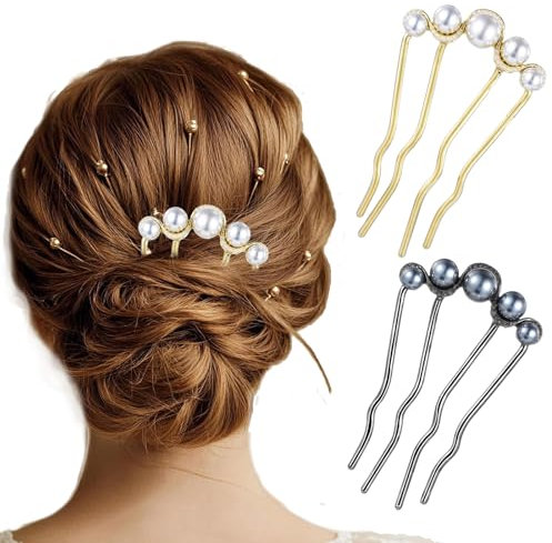 2 Stück U-Förmige Perle Haarnadeln，Metall Haarnadel Vintage Stil Französische Haarnadel für Frauen Mädchen U Form Haarnadeln für Party Dekoration