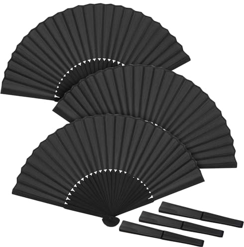 SCROLIEY 3 Pack Black Folding Hand Fan, Chinese Silk Fabric Hand Fans | Handheld Chinese Fan, Wall Decoration, Wedding Performance Dancing