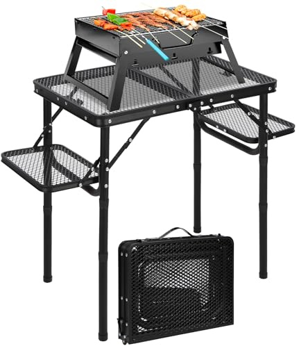 REDCAMP Folding BBQ Table, 4-Height Adjustable Aluminum Camping Table with 2 Side Racks, Portable Grill Stand for Outdoor Cooking Picnic RV Fishing, 90x40cm, Black