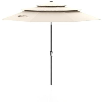 COSTWAY Parasol de Jardin Exterieur Ø313 cm, Parasol Balcon à 3 Niveaux sans Pied, 30° Inclinaison à Bouton-Poussoir, Manivelle, 8 Baleines Solides, pour Jardin Plage Piscine, Beige