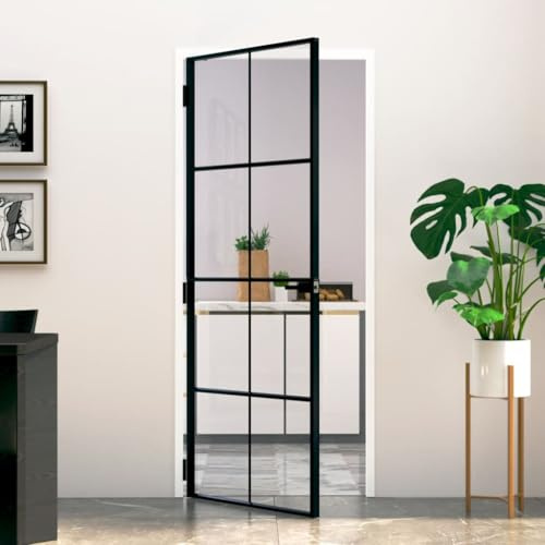 Innentür mit Griff, Moderne Design Glastür, Seitentür, Badezimmertür(Einfacher Einbau in einen vorhandenen (Holz-) Rahmen), Hartglas & Aluminium, 83 x 3.5 x 201.5 cm