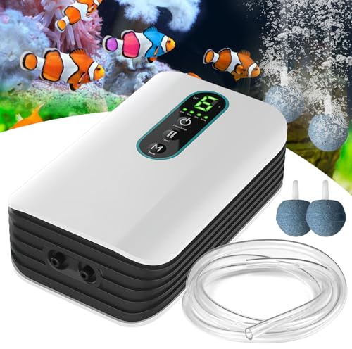 LEKEFETO Aufladbare Aquarium Luftpumpe mit 2 Auslass für Outdoor Angeln und Stromausfälle, Einstellbarem Durchfluss von 1.5L/min, Ultra-Leise, 2600mAh Lithium-Akku, 2 Betriebsmodi