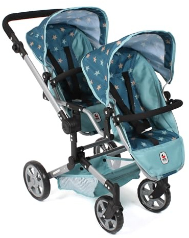 Bayer Chic 2000® Puppenwagen Linus Duo – Sternchen Türkis – Faltbarer Zwillingspuppenwagen – Verstellbarer Griff 50-82 cm – Puppen bis 50 cm – 4-8 J.