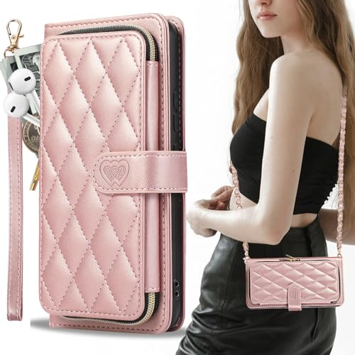 GUVAGI für iPhone 16 Pro Max Hülle mit Band Handyhülle,Leder Handytasche mit Fächer Flip 9-Karten Geldbeutel Magnet Frauen Herz Handy Hülle mit Abnehmbar HandyKette zum Umhängen Portemonnaie (Rosa)