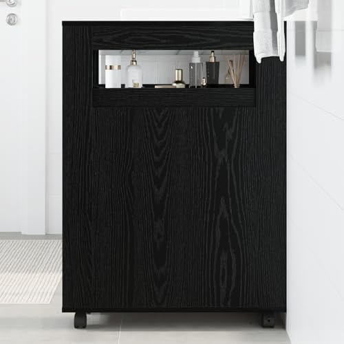 Qnhdfrt Schmaler Aufbewahrungsschrank mit Rädern Schwarz Matt Verstellbare Regale aus Holz Spanplatte für Badezimmer Büro Wohnzimmer Kompakt und Mobil