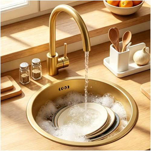 Évier de cuisine rond 40 cm inox or brossé pour camping-car, food truck, cuisine moderne – Avec bonde, siphon et trop-plein inclus – Petit évier encastrable 1 bac sans trou, pose sous-plan ou sur-plan