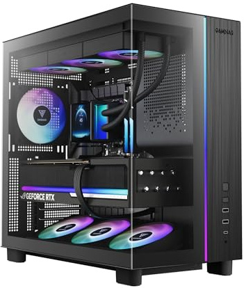 GAMDIAS ATLAS M4 ATX Mid Tower Gaming PC Case, Full-View Tempered Glass, 4 x 120mm ARGB PWM Fans with Hub, Front-Mounted PSU Design, Supports BTF Motherboard, Adjustable Angled Airflow, Gen 2 Type-C
