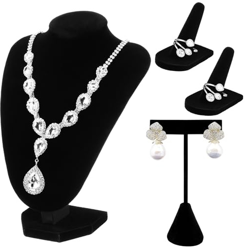 Wenqik 3 Pcs Velvet Jewelry Display Set Velvet Necklace Bust Holder T Shape Earring Stand Ring Finger Jewelry Holder, Black