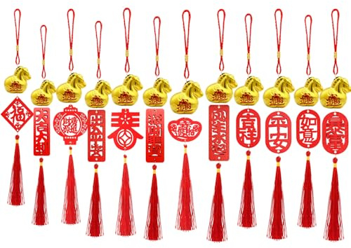 12Pcs Year of The Horse Hanging Pendants 2026 – Chinese New Year Feng Shui Ornament with Tassel, Resin Lucky Mascot Charms for Home Car Decoration, Horse Zodiac Pendant for Spring Festival Gift