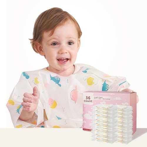 SauGonb Disposable Baby Bibs for Baby Boys and Girls - Long Sleeve Bib Individually Wrapped with Crumb Catcher - Waterproof Baby Bibs For Feeding - Dinosaurs 36pcs