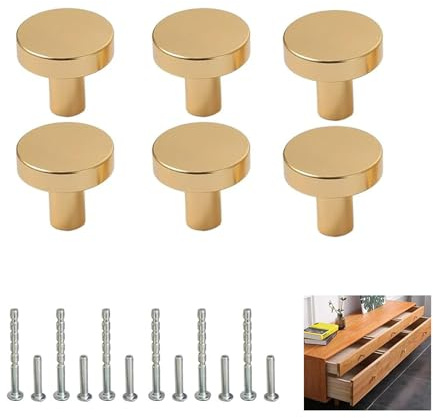Sylkeov Pack mit 6 massiven Messingmöbelknöpfen, runde Vintage-Schubladengriffe mit Schrauben, goldene Messingknöpfe für Küchenschränke, Kleiderschränke und Kommoden (Durchmesser 25 mm, Höhe 20 mm)