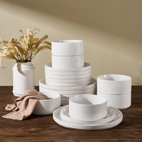 Richmount Star Service de vaisselle en porcelaine 18 pièces, blanc | Service de vaisselle avec assiettes de table, bols à céréales, service de table, compatible micro-ondes et lave-vaisselle