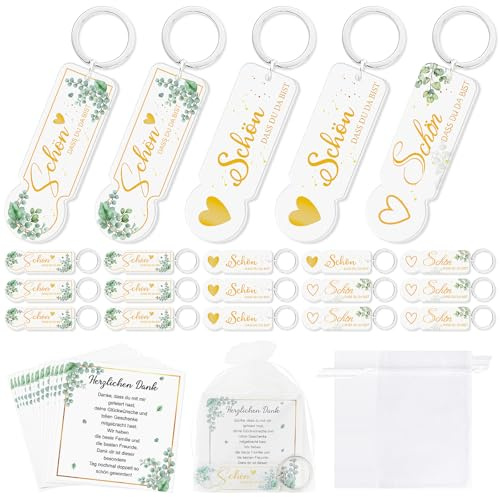 Epaing 20 Stück Acryl Einkaufswagenchip Schlüsselanhänger Set, Schön Dass Du Da Bist Gastgeschenke Hochzeit Geburtstag Kommunion Taufe, Abziehbar Eukalyptus Einkaufschip Kleine Geschenke für Gäste