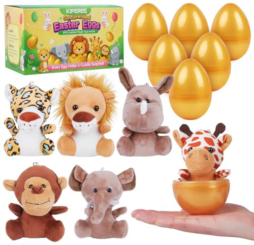 KIPEREE 6 Pcs Golden Easter Eggs Prefilled with Animal Plush Toys, Cute Easter Basket Fillers & Egg Hunt Surprise Gift for Kids