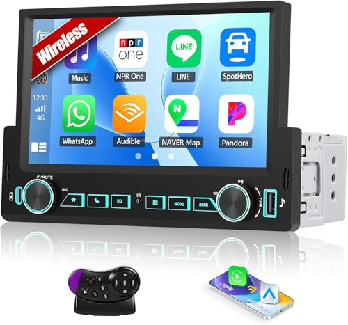 7 Inch Single Din Car Stereo - Wireless CarPlay & Android Auto, Mirror Link, Steering Wheel Control, Bluetooth, FM Radio, 7 Color Lights, EQ Adjustment, Online Video Support for Most Vehicles