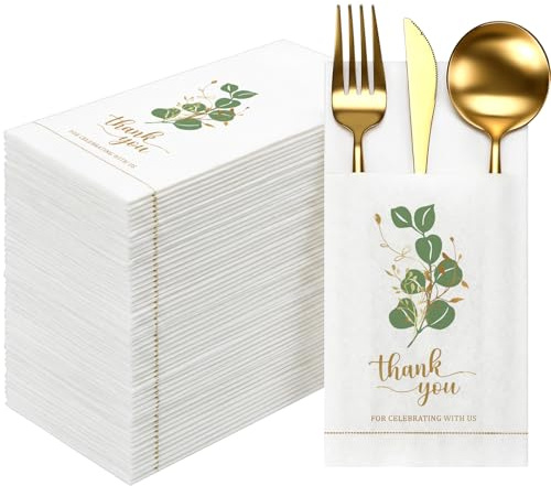 Acellegic 100 Pcs Golden Eucalyptus Linen Feel Napkins with Built-in Flatware Pocket Pre-folded Disposable Pocket Napkins for Silverware Dinner Wedding Reception Birthday Party Gathering, 16 x 16 Inch