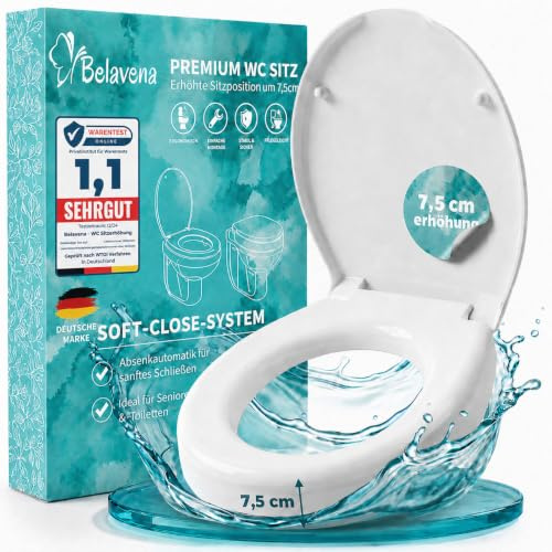 WC Sitzerhöhung 7,5cm inkl. Absenkautomatik für bequemes Sitzen & Aufstehen | Erhöhter Toilettensitz bis 200 kg belastbar | Toilettensitzerhöhung - Raised Toilet Seat