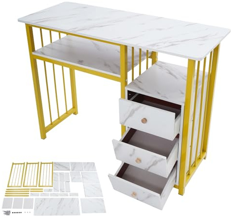 ROGONPDK Nagelbord, manikyrbord med marmorutseende och 3 lådor 100 × 40 × 76 cm, nagelskrivbord, litet arbetsbord, manikyrbord, datorbord, skrivbord, för nagelstudior