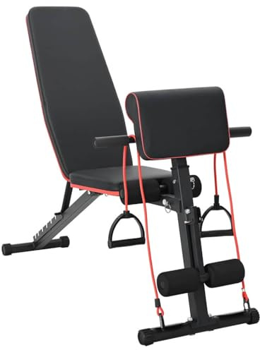 QUAHEAS Hantelbänk av pulverlackerat stål 131 x 41 x 100 cm, svart, justerbar med motståndsband för styrketräning, muskelbyggande, bänktryck, träning, motionscykel