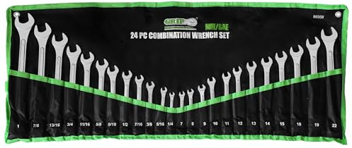 Grip 24 pc Raised Panel Combination Wrench Set MM/SAE - 12 point - Metric 7mm to 22mm - SAE 1/4” to 1 - Roll-up Storage Pouch - Household, Garage, Auto Repairs, Cars, Trucks, Boat