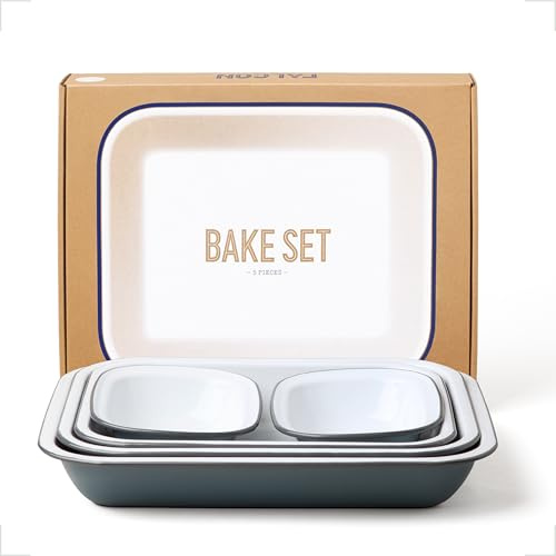 Falcon Enamelware 5-Piece Enamel Bake Set - Durable & Elegant Pigeon Grey - Oven, Dishwasher Safe, Versatile for Roasting, Baking, Serving - Ideal for Home, Kitchen, Gifting | Large to Small Baking Pans, Non-Toxic, Dishwasher Safe & Freezer Friendly, Pigeon Gray
