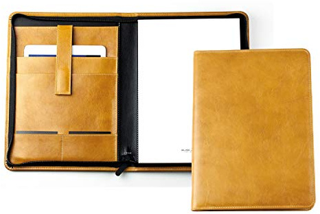 DELMON VARONE - Personalisierbare Tablet Schreibmappe DIN A4 aus Premium Vintage Anilin Leder braun, Organizer Konferenzmappe mit Notizblock und Stiftschlaufe, Besprechungsmappe mit Reißverschluss