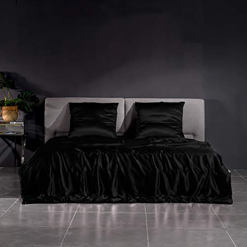 THXSILK 22 Momme Seidenbettwäsche Set 3 teilig, Bettbezug 240 x 220 cm und 2 Kissenbezüge 80 x 80 cm, Hypoallergen Maulbeerseide Bettbezug Set, Ultra Weich und Glatt, Schwarz