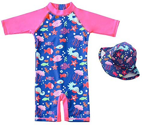 7-Mi Traje de baño de niña de una sola pieza Ropa UV 50+ Traje de baño para niños con una cremallera con sombrero para el sol.., peces, 12-18 meses
